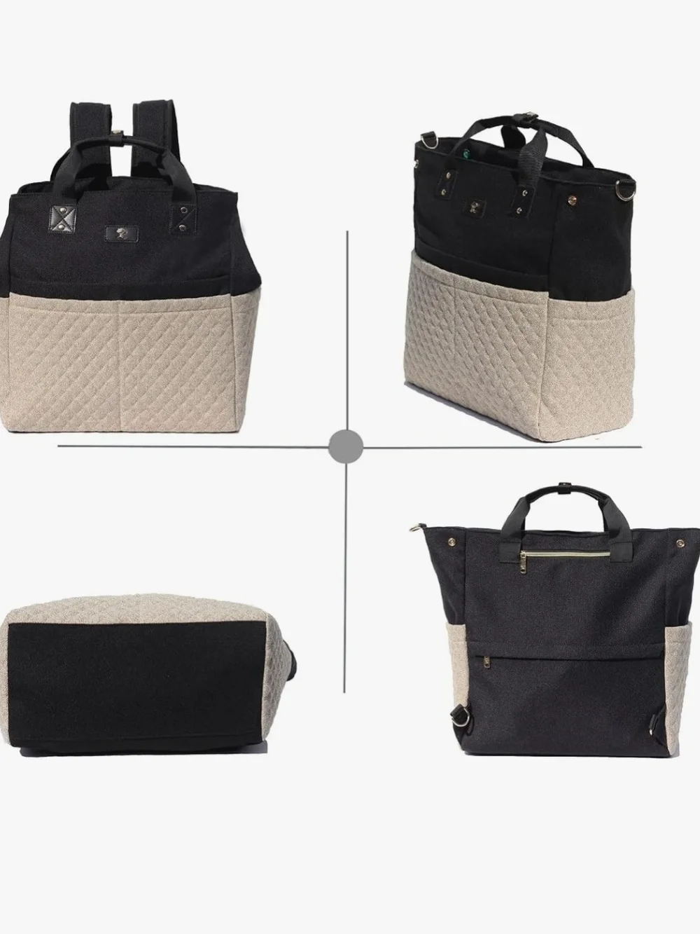 Esvan 3-In-1 Tote Backpack Diaper Bag Black/Beige Water Resistant Insulated New